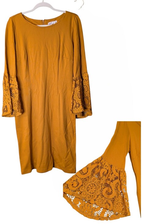 Nanette Lepore Dresses & Skirts - Nanette Lepore Mustard Yellow Bell Sleeve sheath Dress Boho Career lace size 8